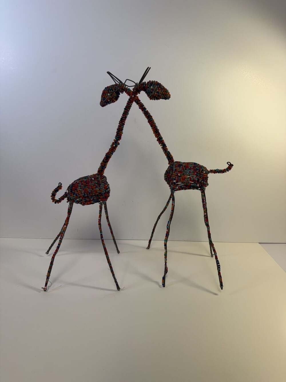 Handmade‎ African Wire and Multi-Color Seed Bead Giraffe Sculpture Pair